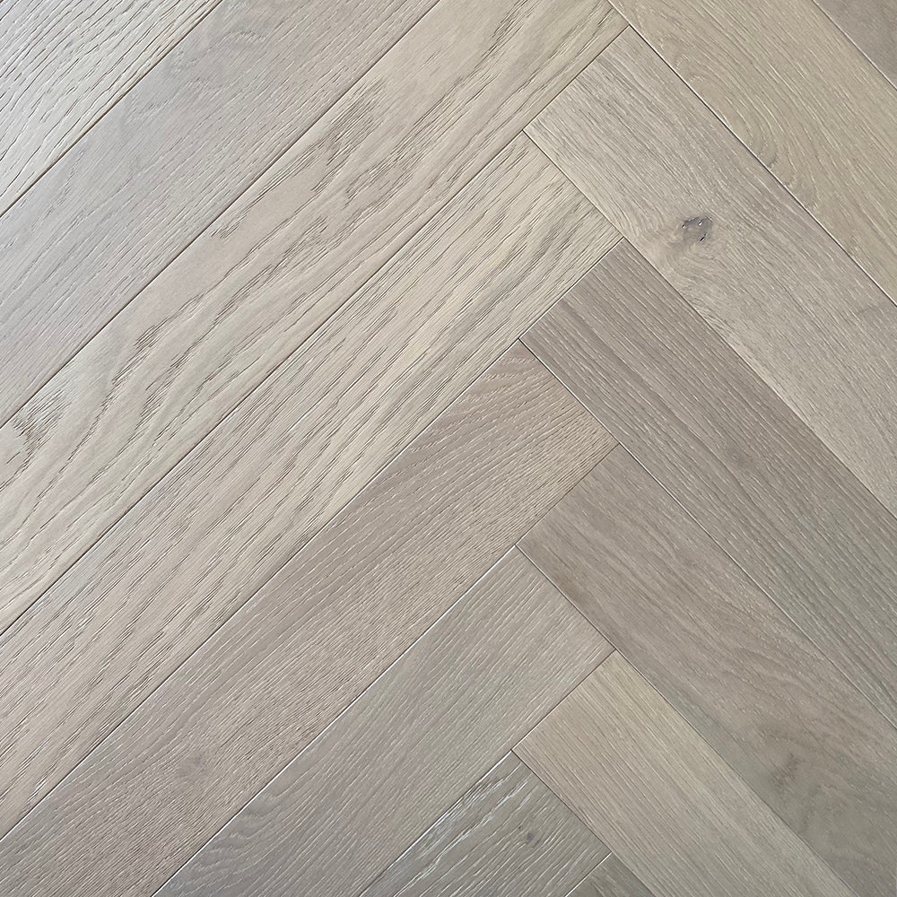 Herringbone Frostwood engineered European oak flooring, herringbone pattern, hand scraped, wire brushed