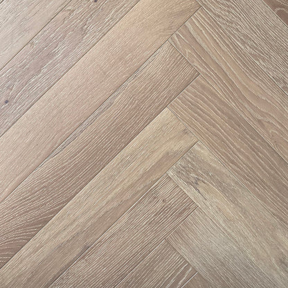 Herringbone Glacier Stone engineered European oak flooring, herringbone blocks, wire brushed, 3 mm wear layer