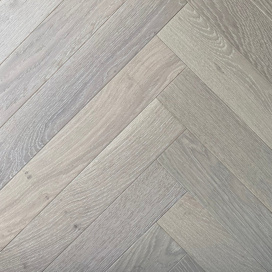 Herringbone Solar Wind engineered European oak flooring, herringbone blocks, wire brushed, 9/16 inch thick