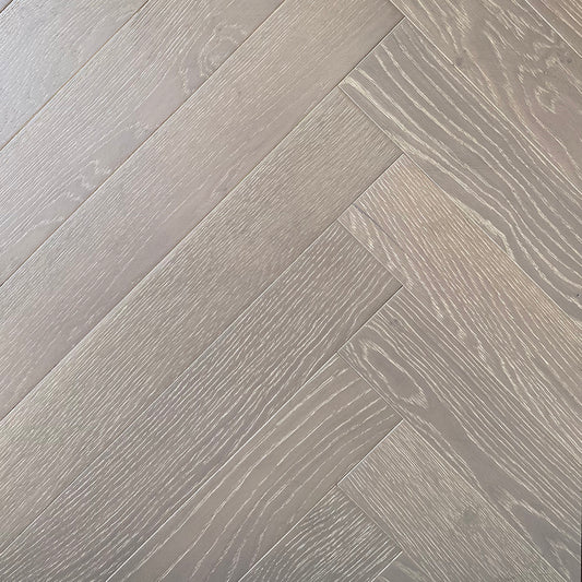 Herringbone Volcano Grey engineered European white oak flooring, herringbone blocks, wire brushed, character CD grade