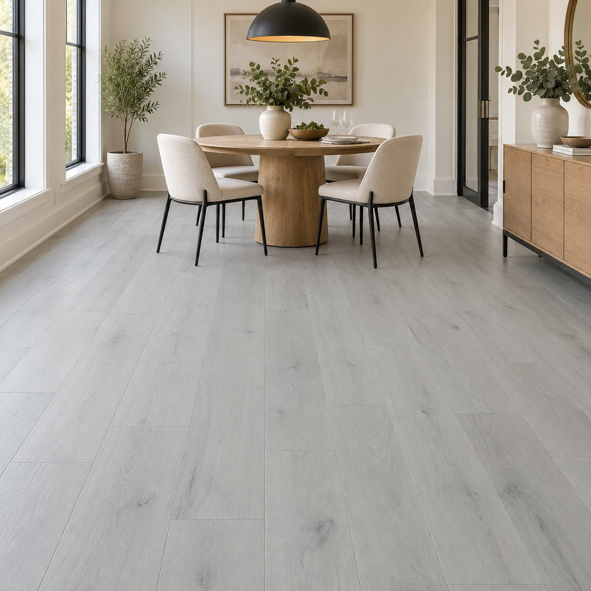 Horizon Harmony Lavender Haze Waterproof SPC Flooring installed in a dining room