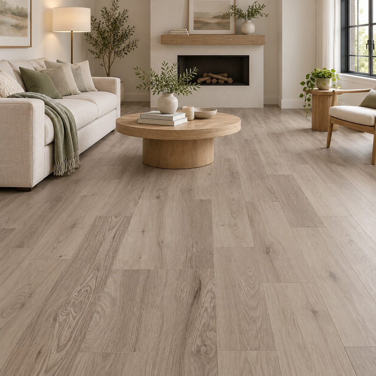Silver Luster Polished Platinum Waterproof SPC Flooring installed in a living room