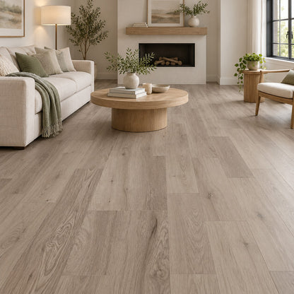 Silver Luster Polished Platinum Waterproof SPC Flooring installed in a living room