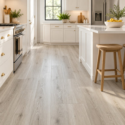 Silver Luster Satin Veil Waterproof SPC Flooring installed in a kitchen