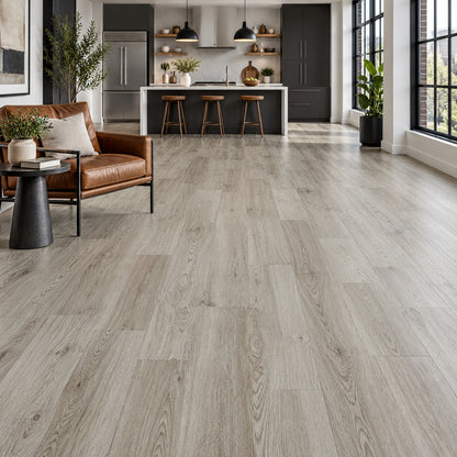 Silver Luster Sterling Silver Sands Waterproof SPC Flooring installed in a loft