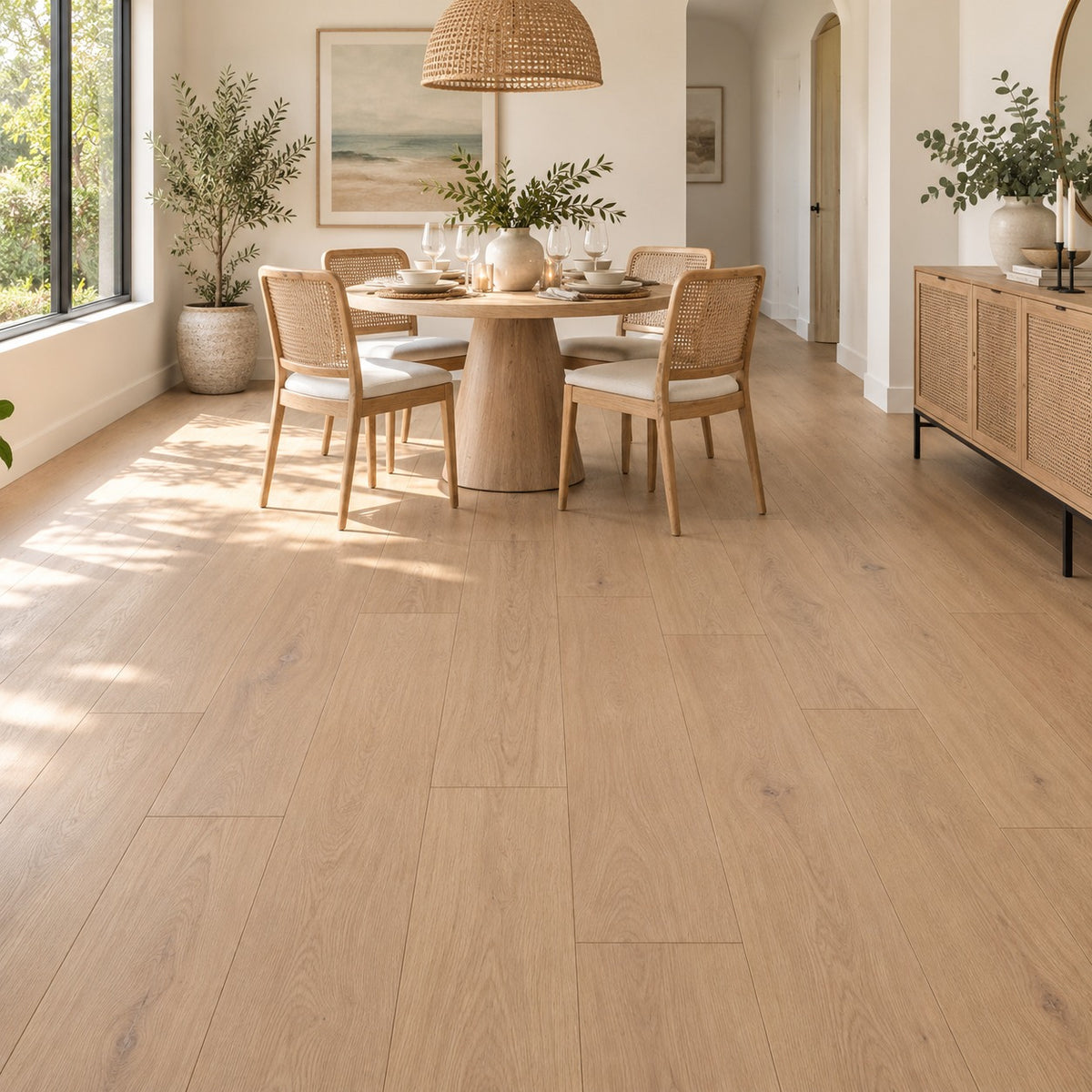 Vivid Miracle Water Resistant Laminate Flooring installed in a dining room