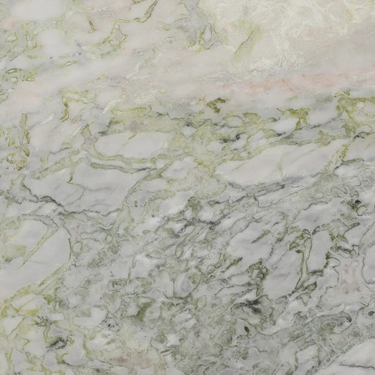Bianco Palomino African quartzite slab, white base with green and grey cloudy pattern, polished