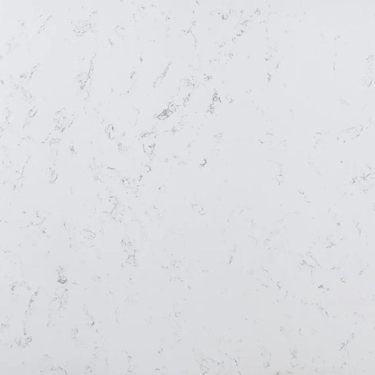 Bianco Swan engineered quartz slab, white base with grey cloudy pattern, polished finish