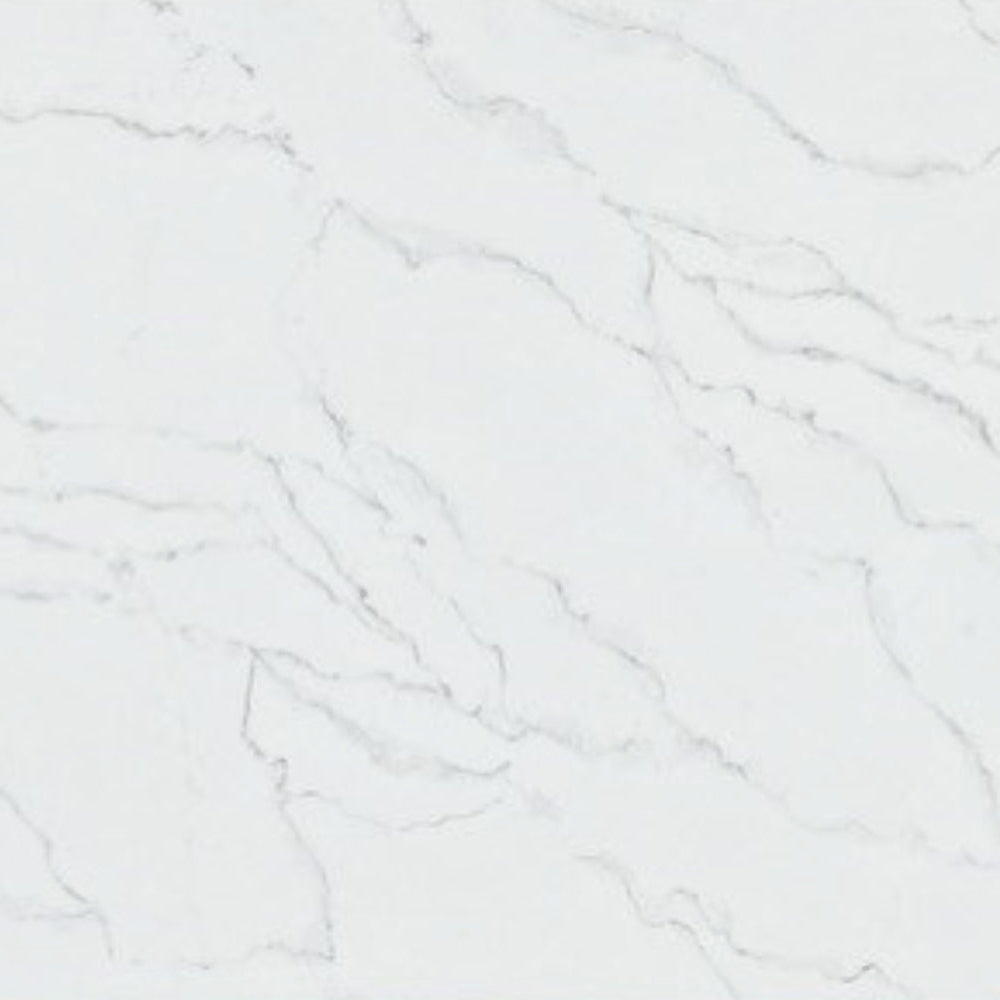 Calacatta Dream engineered quartz slab, white base with brown and grey veining, polished finish