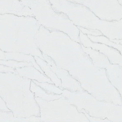 Calacatta Dream engineered quartz slab, white base with brown and grey veining, polished finish