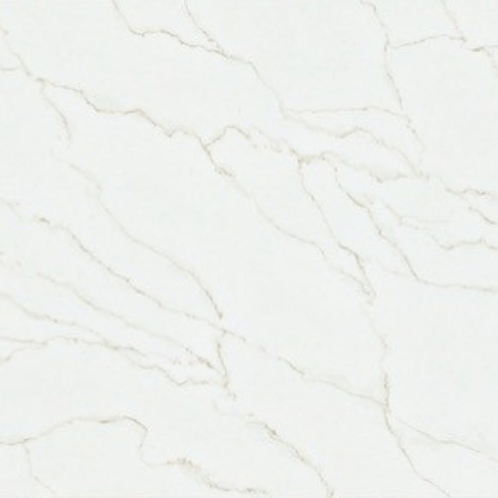 Calacatta Harmony engineered quartz slab, white base with gold and grey veining, polished finish