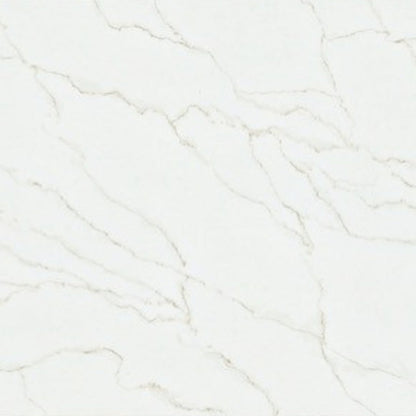 Calacatta Harmony engineered quartz slab, white base with gold and grey veining, polished finish
