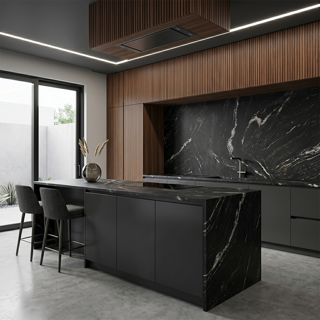 Titanium granite slab, black base with grey cloudy granite pattern, leathered finish