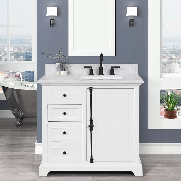 Beacon 36" Freestanding Bathroom Vanity with Natural Carrara Marble Top and Vitreous China Undermount Sink