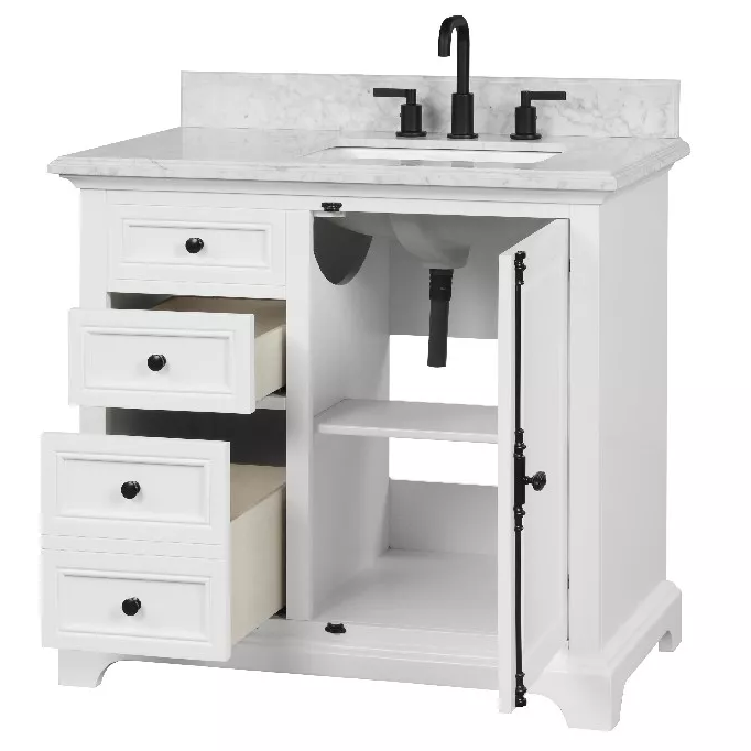 Beacon 36" Freestanding Bathroom Vanity with Natural Carrara Marble Top and Vitreous China Undermount Sink