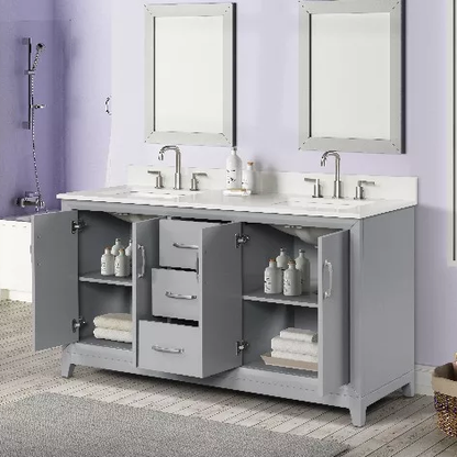 Hutton 60" Freestanding Bathroom Vanity with White Quartz Top and Vitreous China Undermount Sinks