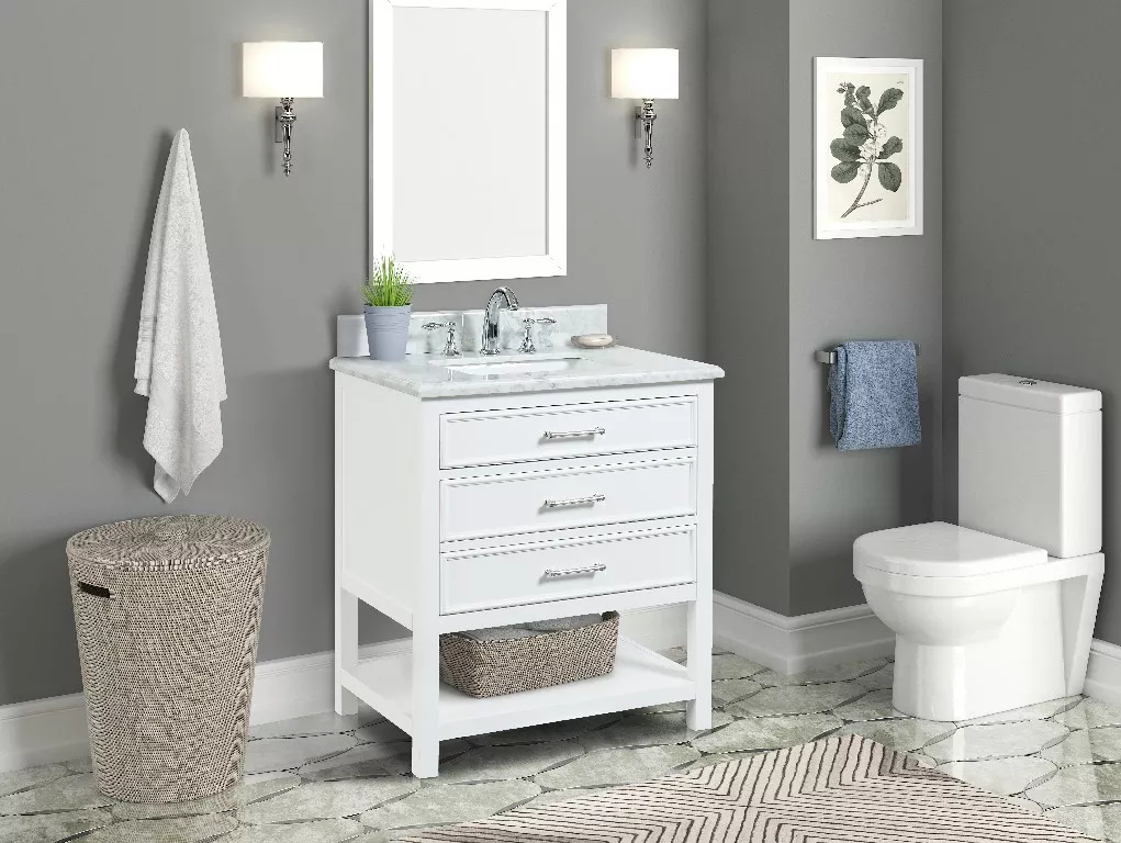 Long Island 30" Freestanding Bathroom Vanity with Natural Carrara Marble Top and Vitreous China Undermount Sink