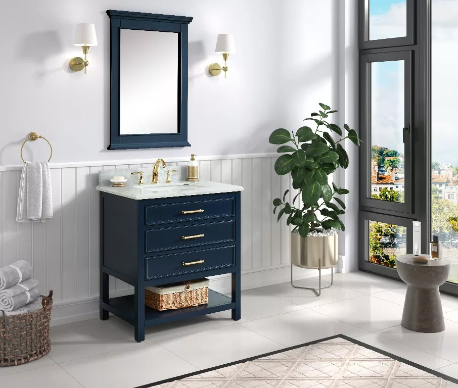 Long Island 30" Freestanding Bathroom Vanity with Natural Carrara Marble Top and Vitreous China Undermount Sink