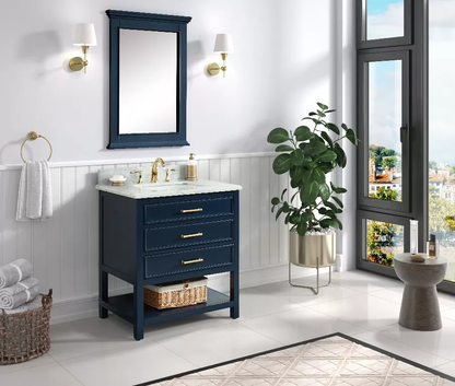 Long Island 30" Freestanding Bathroom Vanity with Natural Carrara Marble Top and Vitreous China Undermount Sink