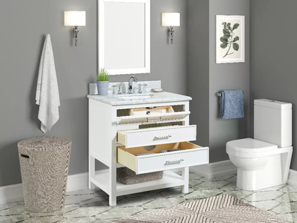 Long Island 30" Freestanding Bathroom Vanity with Natural Carrara Marble Top and Vitreous China Undermount Sink