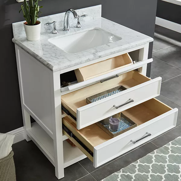 Long Island 30" Freestanding Bathroom Vanity with Natural Carrara Marble Top and Vitreous China Undermount Sink