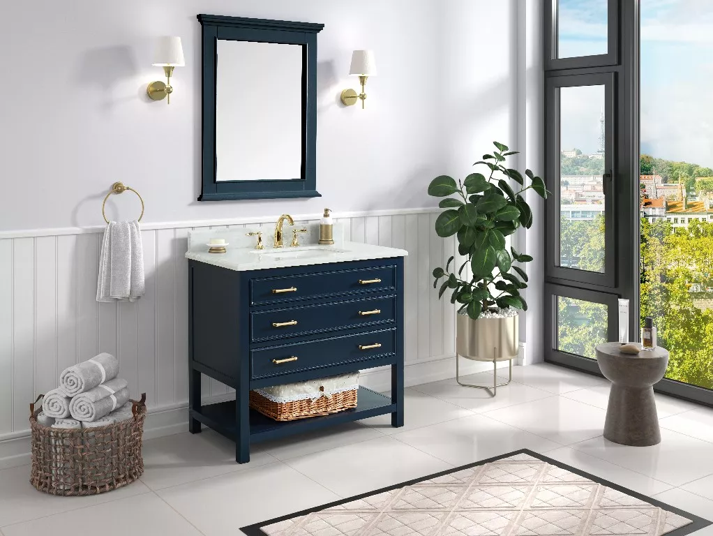 Long Island 36" Freestanding Bathroom Vanity with Natural Carrara Marble Top and Vitreous China Undermount Sink