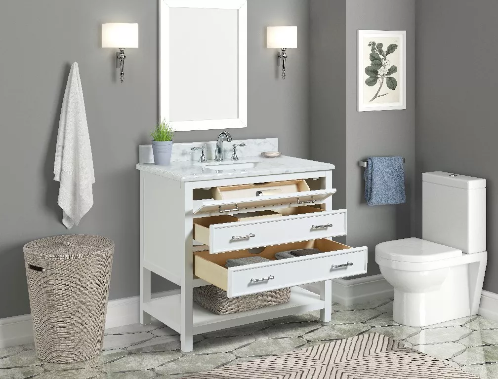 Long Island 36" Freestanding Bathroom Vanity with Natural Carrara Marble Top and Vitreous China Undermount Sink