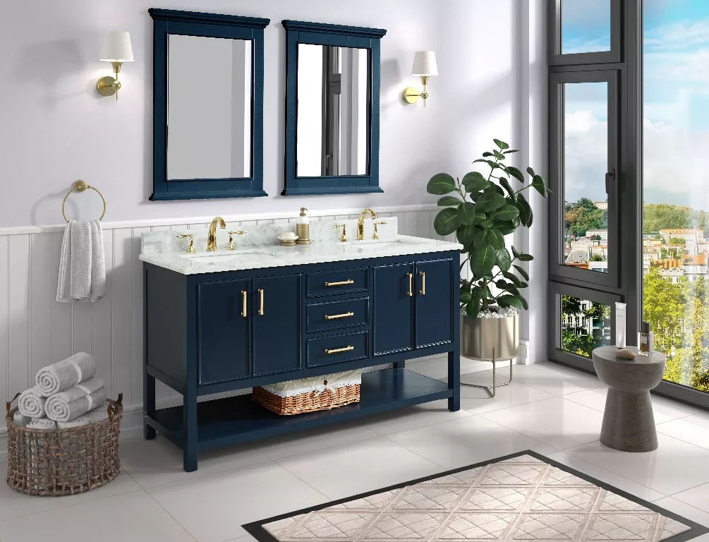 Long Island 60" Freestanding Bathroom Vanity with Natural Carrara Marble Top and Vitreous China Undermount Sinks