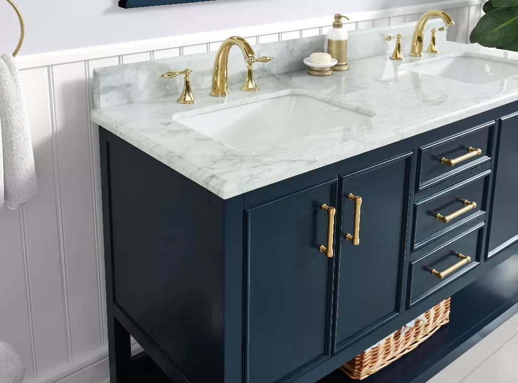 Long Island 60" Freestanding Bathroom Vanity with Natural Carrara Marble Top and Vitreous China Undermount Sinks
