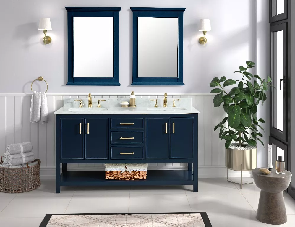 Long Island 60" Freestanding Bathroom Vanity with Natural Carrara Marble Top and Vitreous China Undermount Sinks
