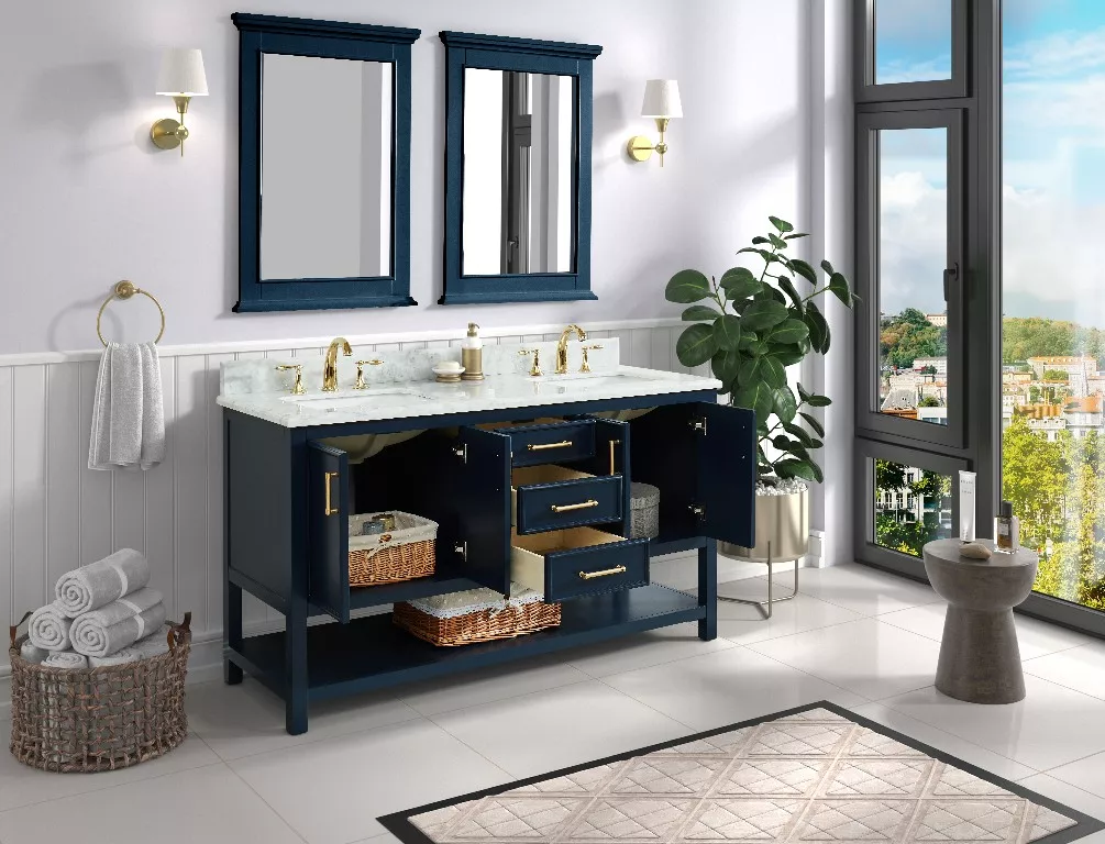 Long Island 60" Freestanding Bathroom Vanity with Natural Carrara Marble Top and Vitreous China Undermount Sinks