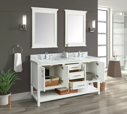 Long Island 60" Freestanding Bathroom Vanity with Natural Carrara Marble Top and Vitreous China Undermount Sinks