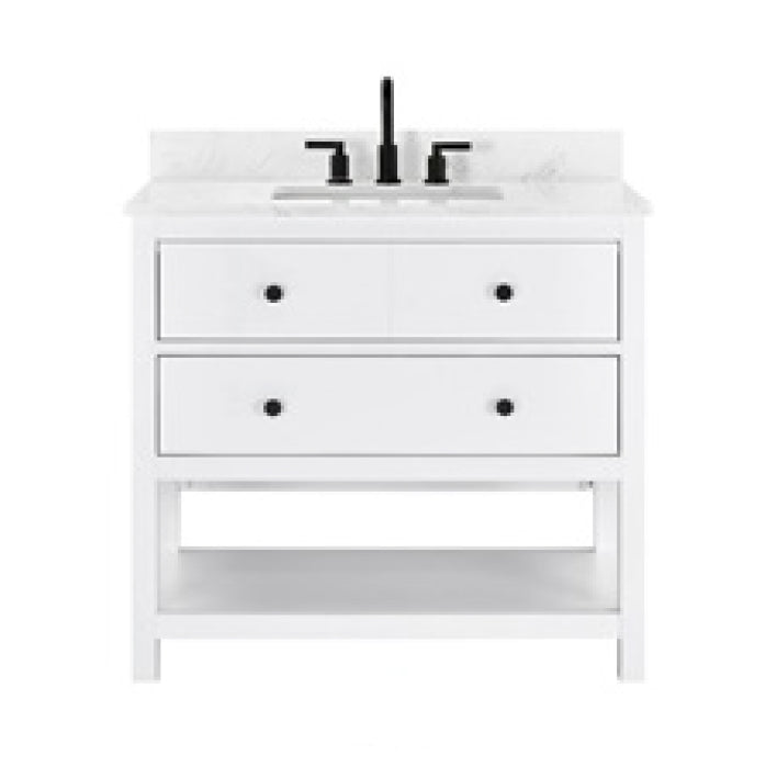 Lorenzo 36 inch freestanding bathroom vanity in white, engineered stone top, vitreous china undermount basin