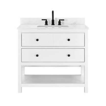 Lorenzo 36 inch freestanding bathroom vanity in white, engineered stone top, vitreous china undermount basin