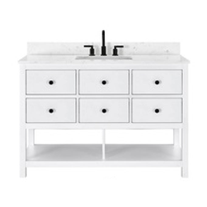 Lorenzo 48 inch freestanding bathroom vanity in white, engineered stone top, vitreous china undermount basin