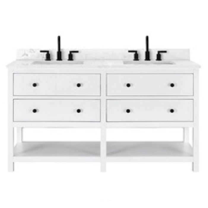 Lorenzo 60 inch freestanding bathroom vanity in white, engineered stone top, vitreous china undermount basins