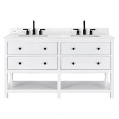 Lorenzo 60 inch freestanding bathroom vanity in white, engineered stone top, vitreous china undermount basins