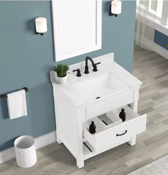 Remington 30" Freestanding Bathroom Vanity with Carrara Engineered Stone Top and Vitreous China Farmhouse Sink