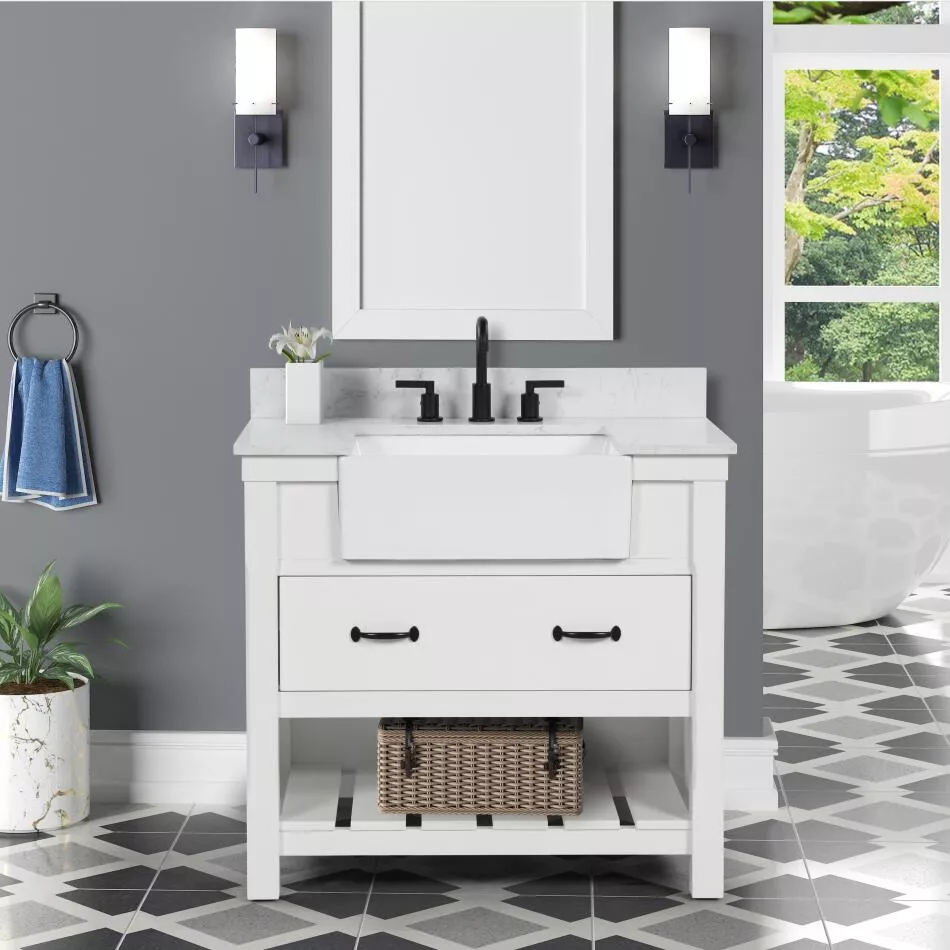 Remington 36" Freestanding Bathroom Vanity with Carrara Engineered Stone Top and Vitreous China Farmhouse Sink