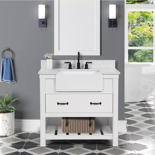 Remington 36" Freestanding Bathroom Vanity with Carrara Engineered Stone Top and Vitreous China Farmhouse Sink