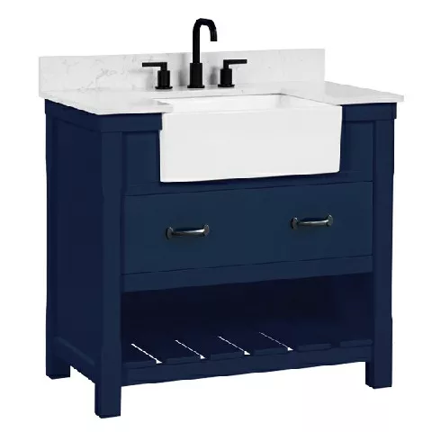 Remington 36" Freestanding Bathroom Vanity with Carrara Engineered Stone Top and Vitreous China Farmhouse Sink