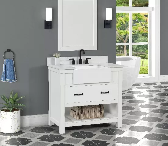 Remington 36" Freestanding Bathroom Vanity with Carrara Engineered Stone Top and Vitreous China Farmhouse Sink