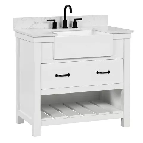 Remington 36" Freestanding Bathroom Vanity with Carrara Engineered Stone Top and Vitreous China Farmhouse Sink