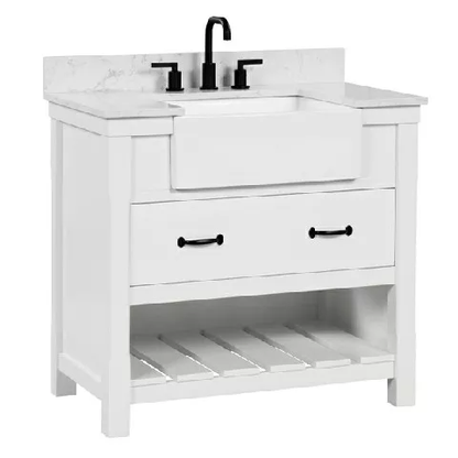 Remington 36" Freestanding Bathroom Vanity with Carrara Engineered Stone Top and Vitreous China Farmhouse Sink