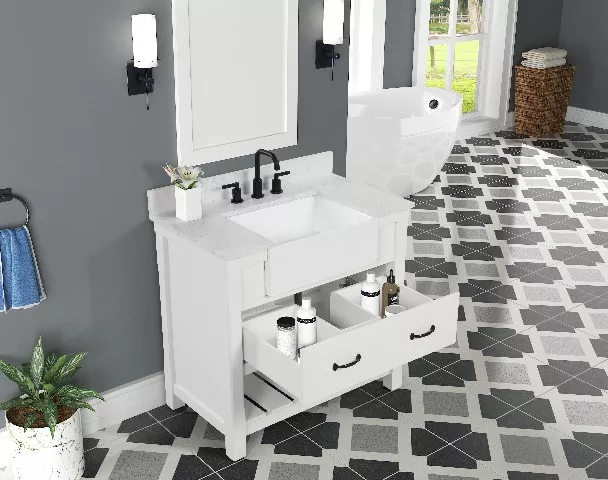 Remington 36" Freestanding Bathroom Vanity with Carrara Engineered Stone Top and Vitreous China Farmhouse Sink