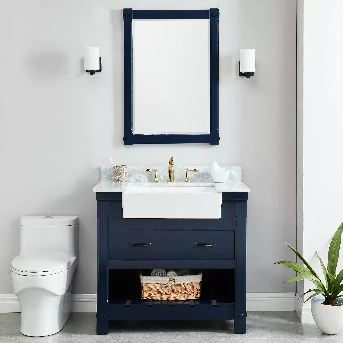 Remington 36" Freestanding Bathroom Vanity with Carrara Engineered Stone Top and Vitreous China Farmhouse Sink