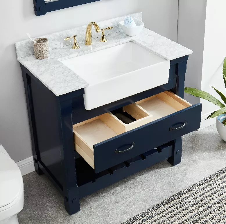 Remington 36" Freestanding Bathroom Vanity with Carrara Engineered Stone Top and Vitreous China Farmhouse Sink