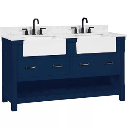 Remington 60" Freestanding Bathroom Vanity with Carrara Engineered Stone Top and Vitreous China Farmhouse Sinks