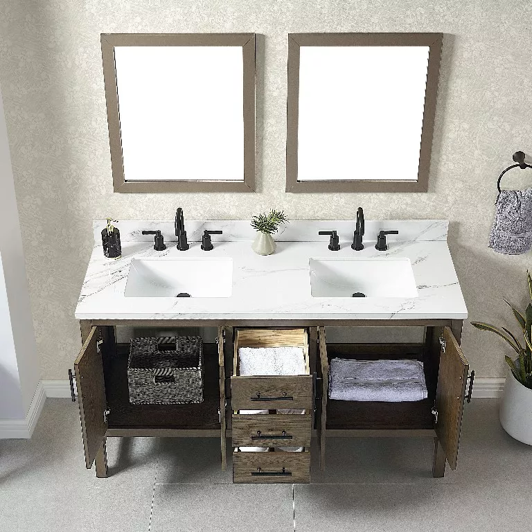 Thales 60" Freestanding Bathroom Vanity with Calacatta Sintered Stone Top and Vitreous China Undermount Sinks