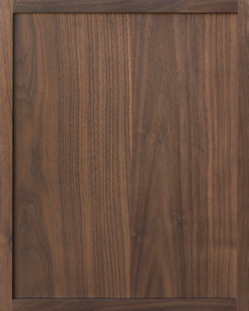 Black Walnut Slim Frameless Shaker kitchen cabinet door sample in solid birch, European frameless full overlay, BX Collection
